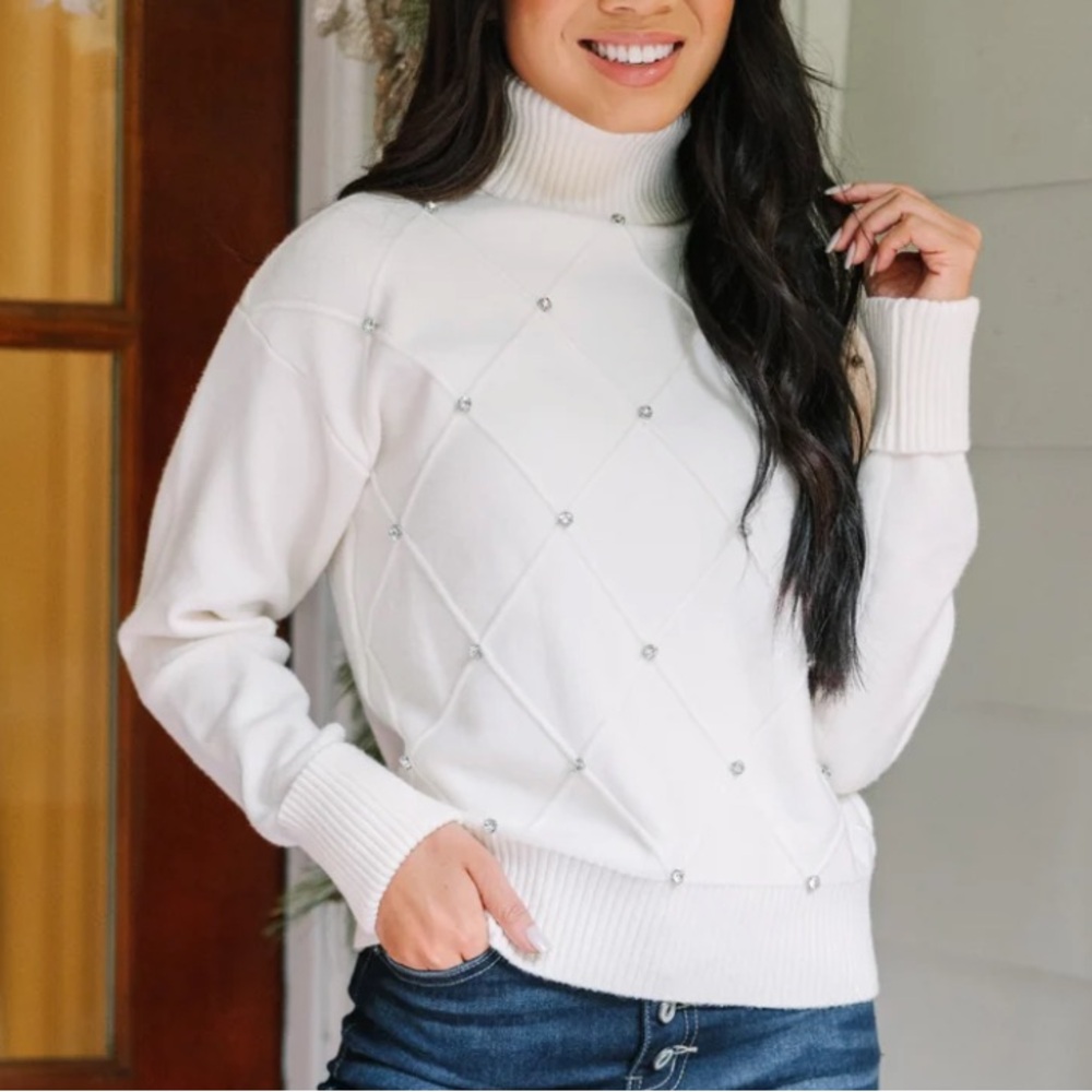 Shop the Mint‎ Rhinestone Studded Cream Turtleneck Sweater Medium New Condition